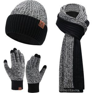 Winter Hat Long Neck Scarf Glove Set Skull Cap with Gifts for Unisex-White\Black
